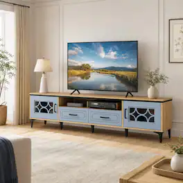 WELLFOR - Farmhouse Entertainment Center with 2 Drawers& 2 Doors, TV Stand for TVs up to 80 Inch for Living Room - Oak and Gray