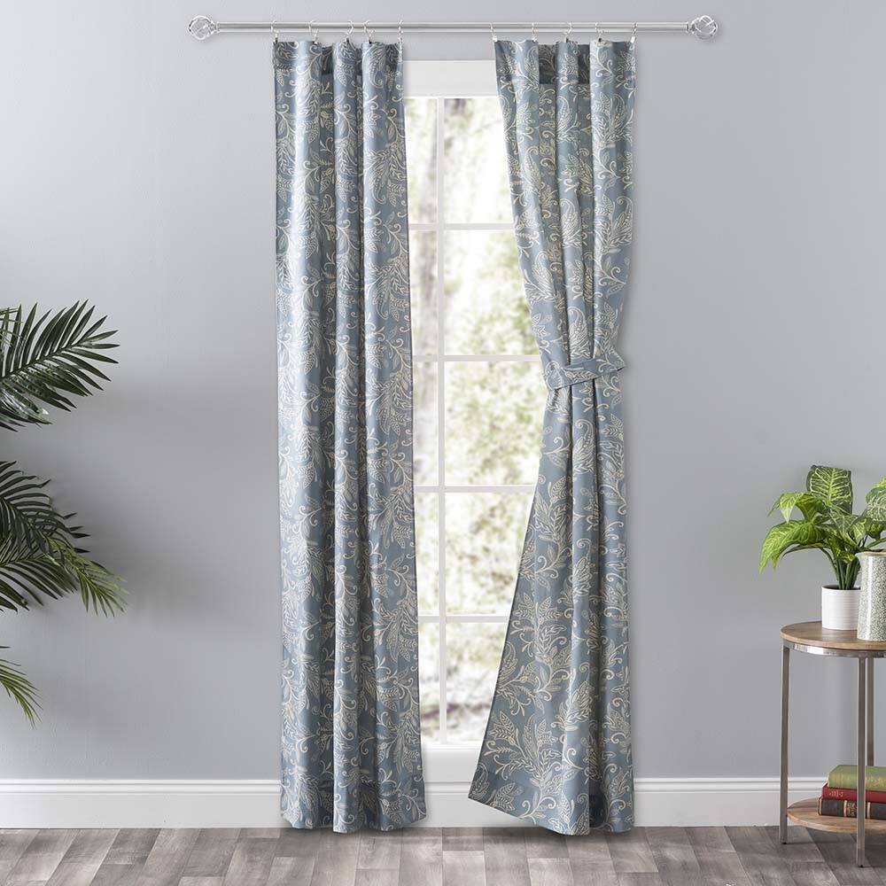 Angle. Ellis Curtain - Ellis Curtain Lexington Leaf Pattern on Colored Ground Curtain Pair with Ties 56"x84" Blue - Blue.