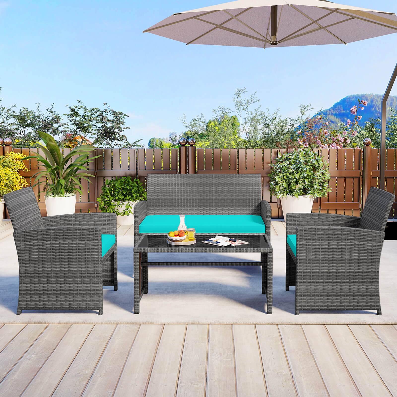 Alt View 3. Costway - Costway 4 PCS Patio Conversation Set with Seat Cushions & Tempered Glass Tabletop, Outdoor - Turquoise,Gray.