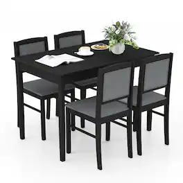Gymax - 5 PCS Dining Table Set for 4 w/Rubber Wood Legs Upholstered Seat Padded Backrest - Gray