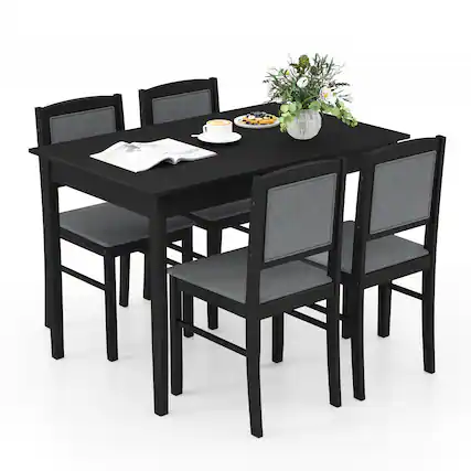 Front. Gymax - Gymax 5 PCS Dining Table Set for 4 w/Rubber Wood Legs Upholstered Seat Padded Backrest Gray - Gray.