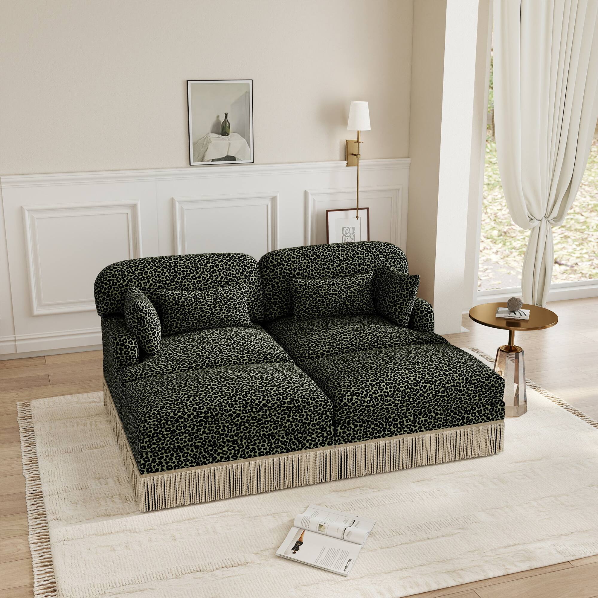 Left. Anysun - Modular Comfy Leopard Printing Loveseat with Exquisite Tassel Trimmings and 2 Movable Ottomans - Green.