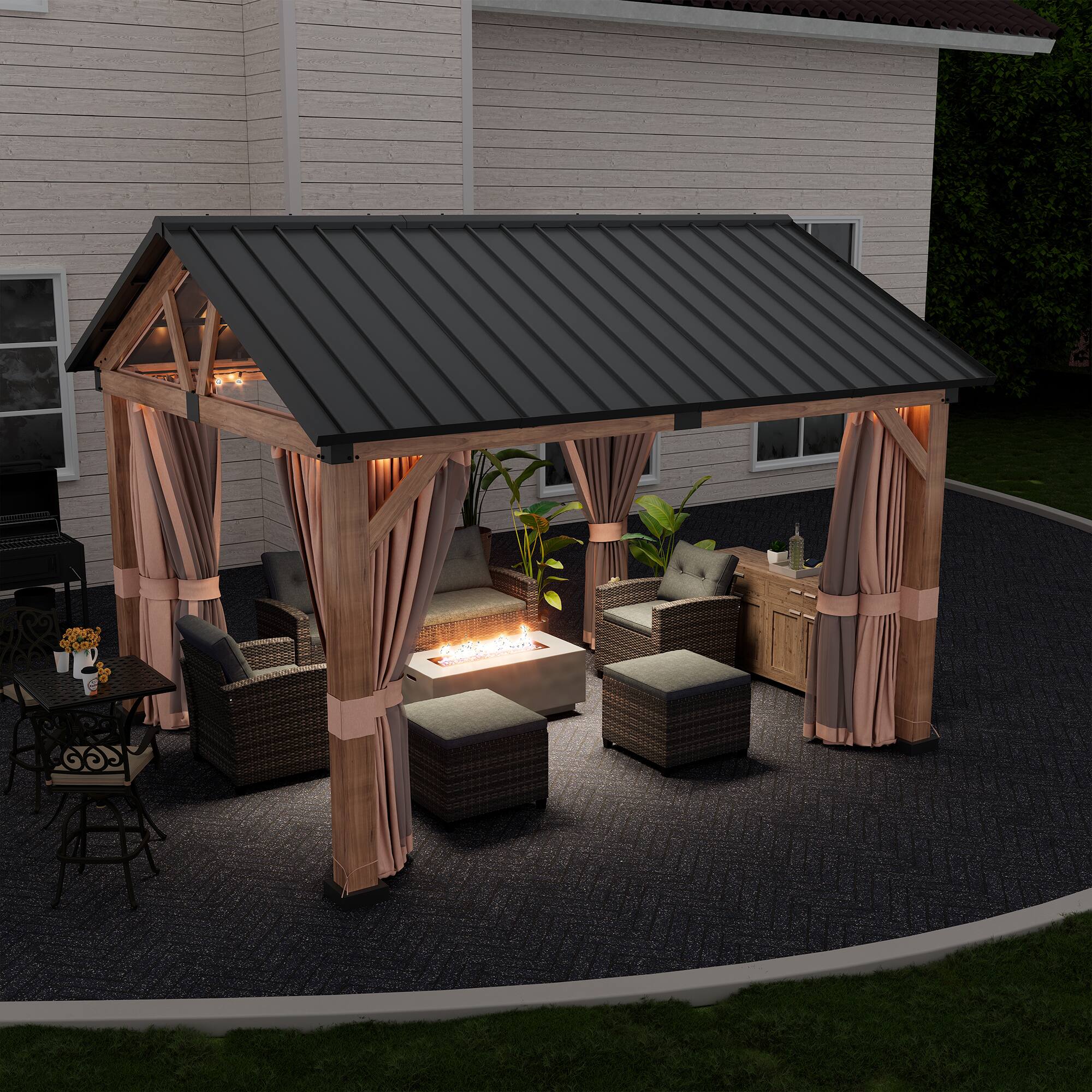 Back. Mondawe - 11 ft. x 13 ft. Aluminium  Patio Gazebo with Privacy Curtain and Mosquito Netting - Brown.