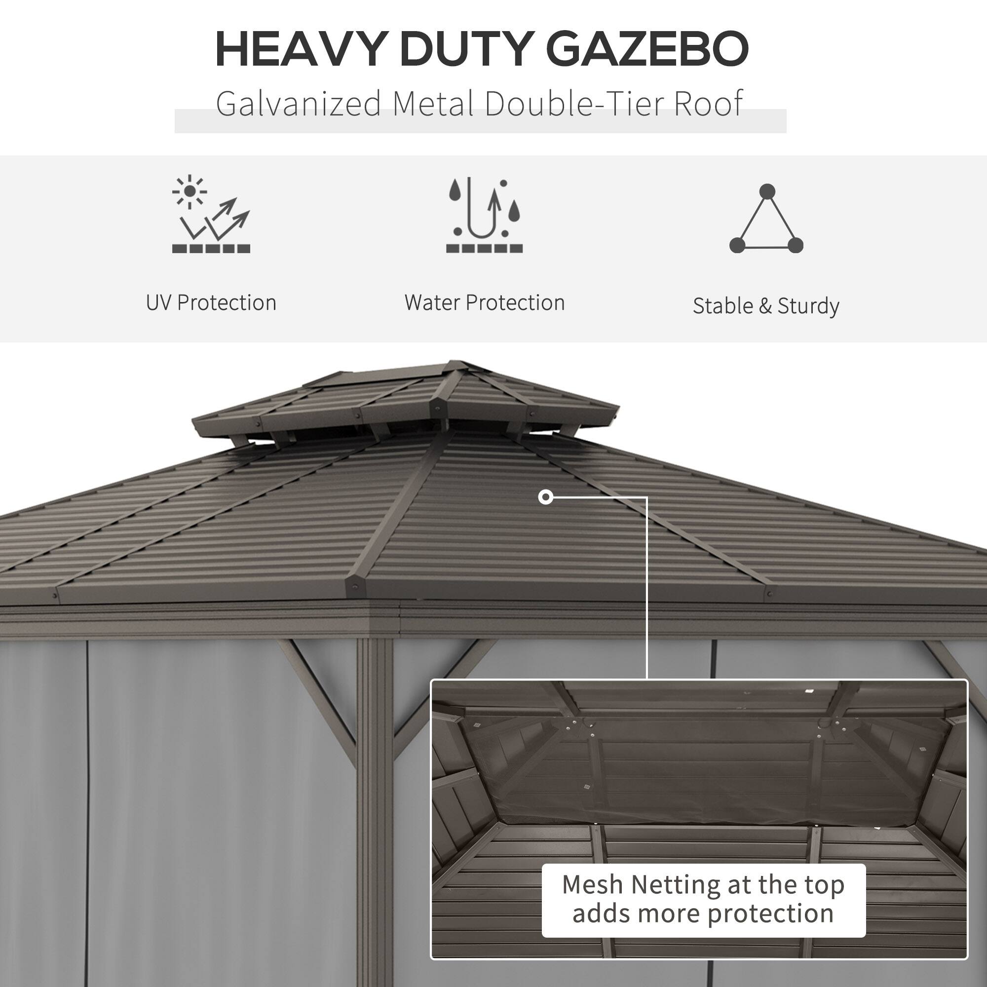 HEAVY DUTY GAZEBO
Galvanized Metal Double-Tier Roof
UV Protection
Water Protection
Stable & Sturdy
Mesh Netting at the top adds more protection