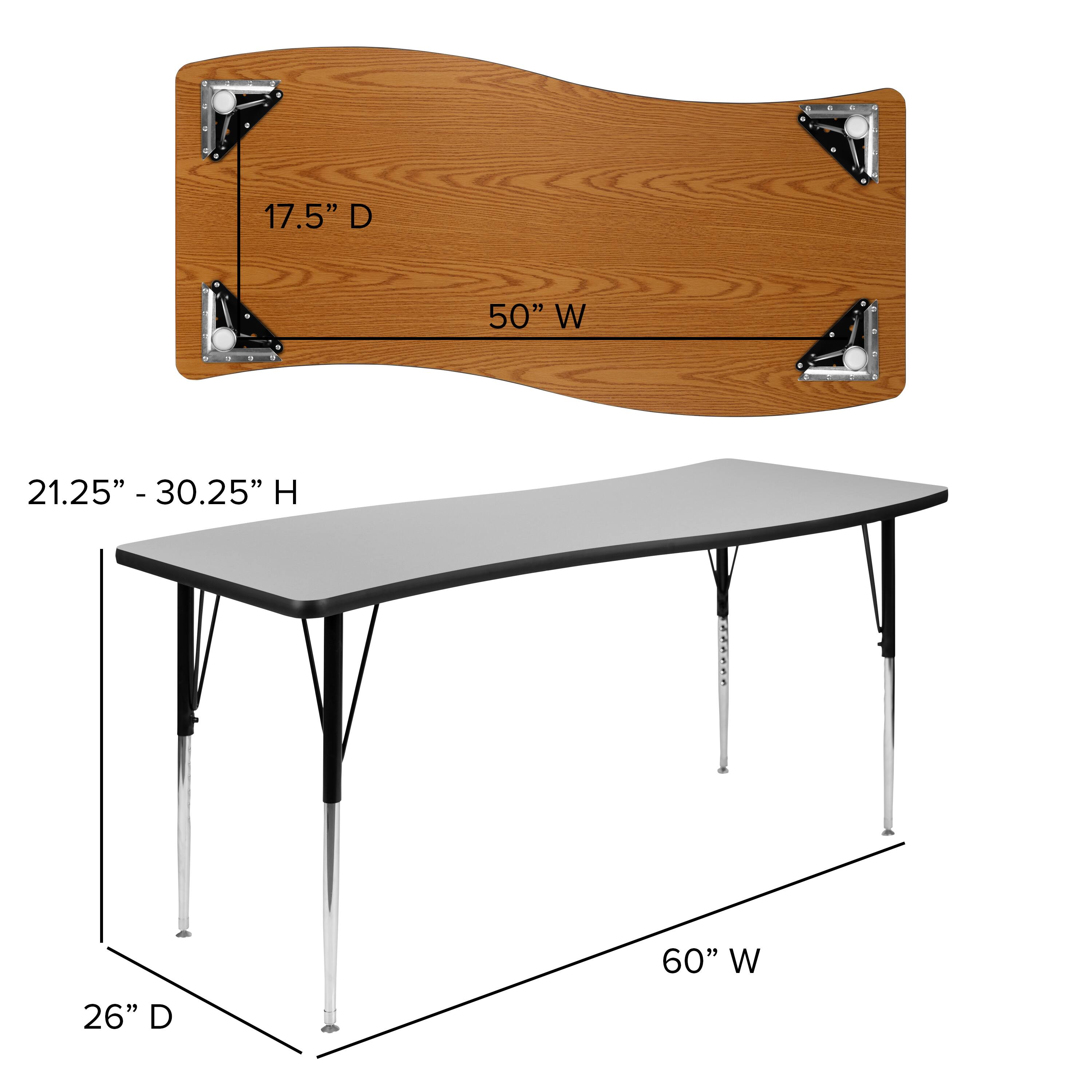 17.5" D  
50" W  
21.25" - 30.25" H  
60" W  
26" D