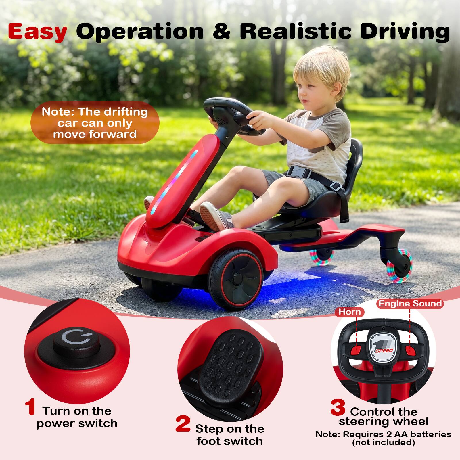 Easy Operation & Realistic Driving

Note: The drifting car can only move forward

1. Turn on the power switch
2. Step on the foot switch
3. Control the steering wheel

Note: Requires 2 AA batteries (not included)