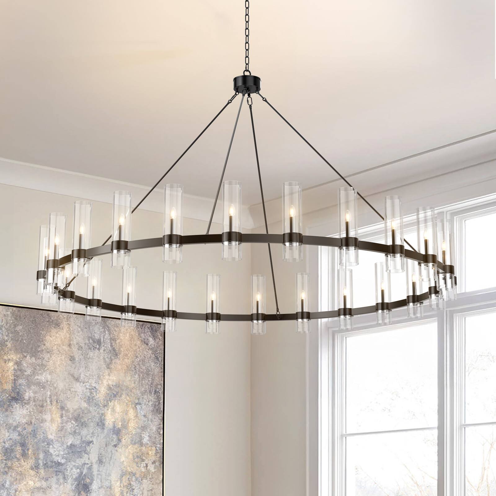 Front. RYHNUYNE - 59 Inch 24-Light Wagon Wheel Chandelier Large Adjustable Farmhouse Pendant Light with Glass Shades.