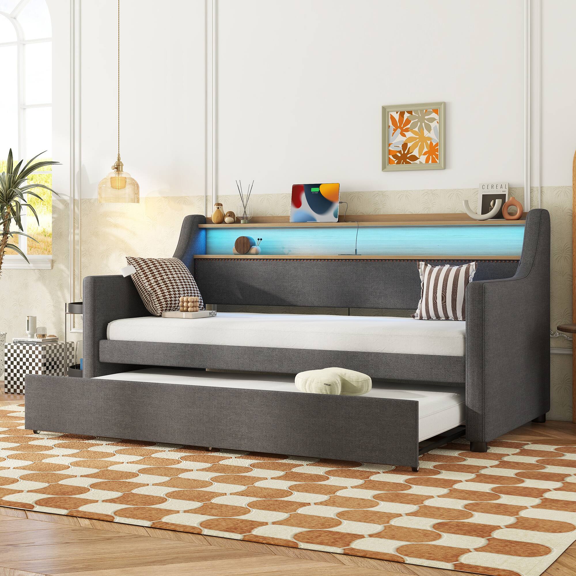 Left. Tiramisubest - Twin Size Daybed with Trundle Bed, Upholstered Daybed with Charging Station and LED Lights, Gray - Gray.