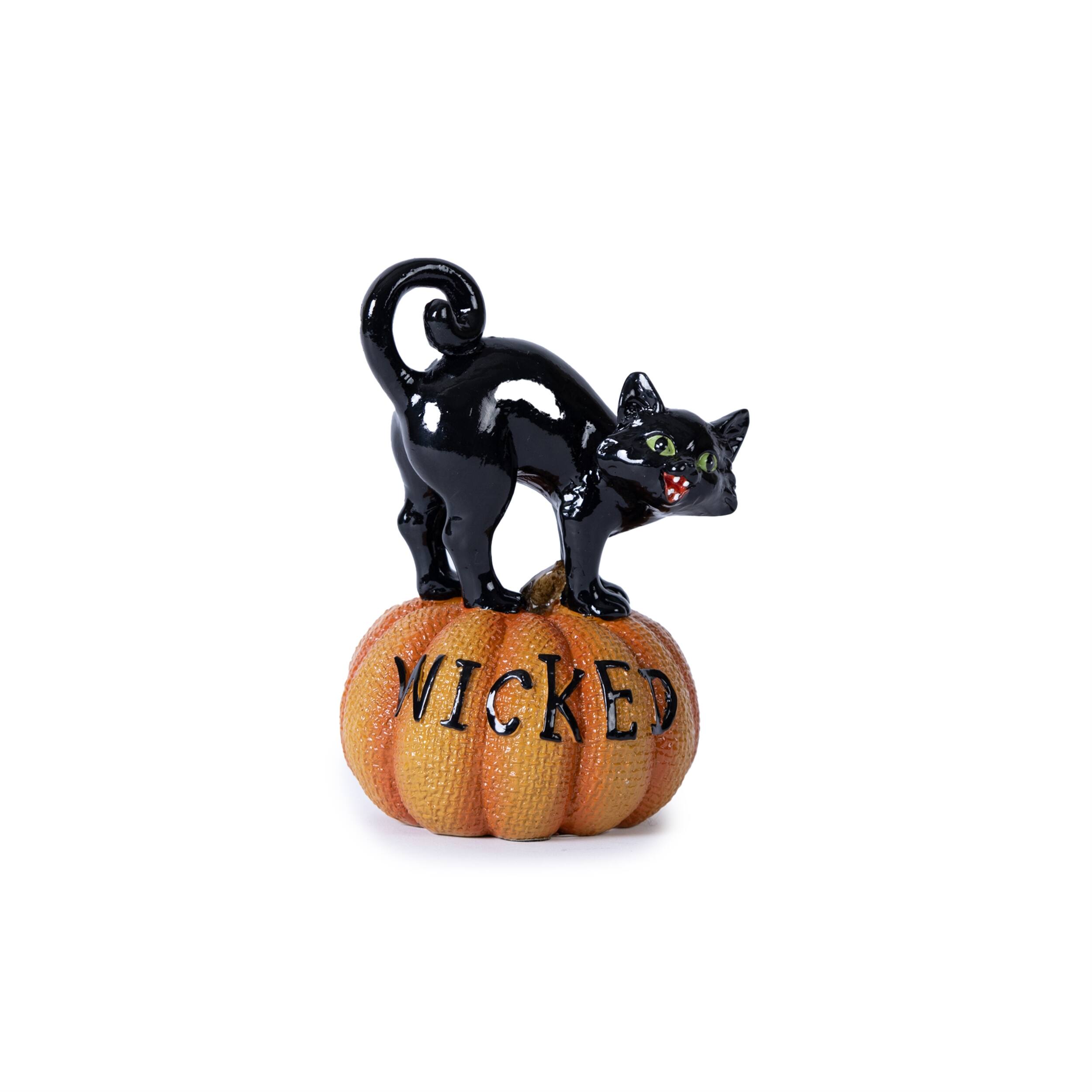 Left. BreeBe - Black Cat on Pumpkin Figurine (Set of 3) - Orange, Black.
