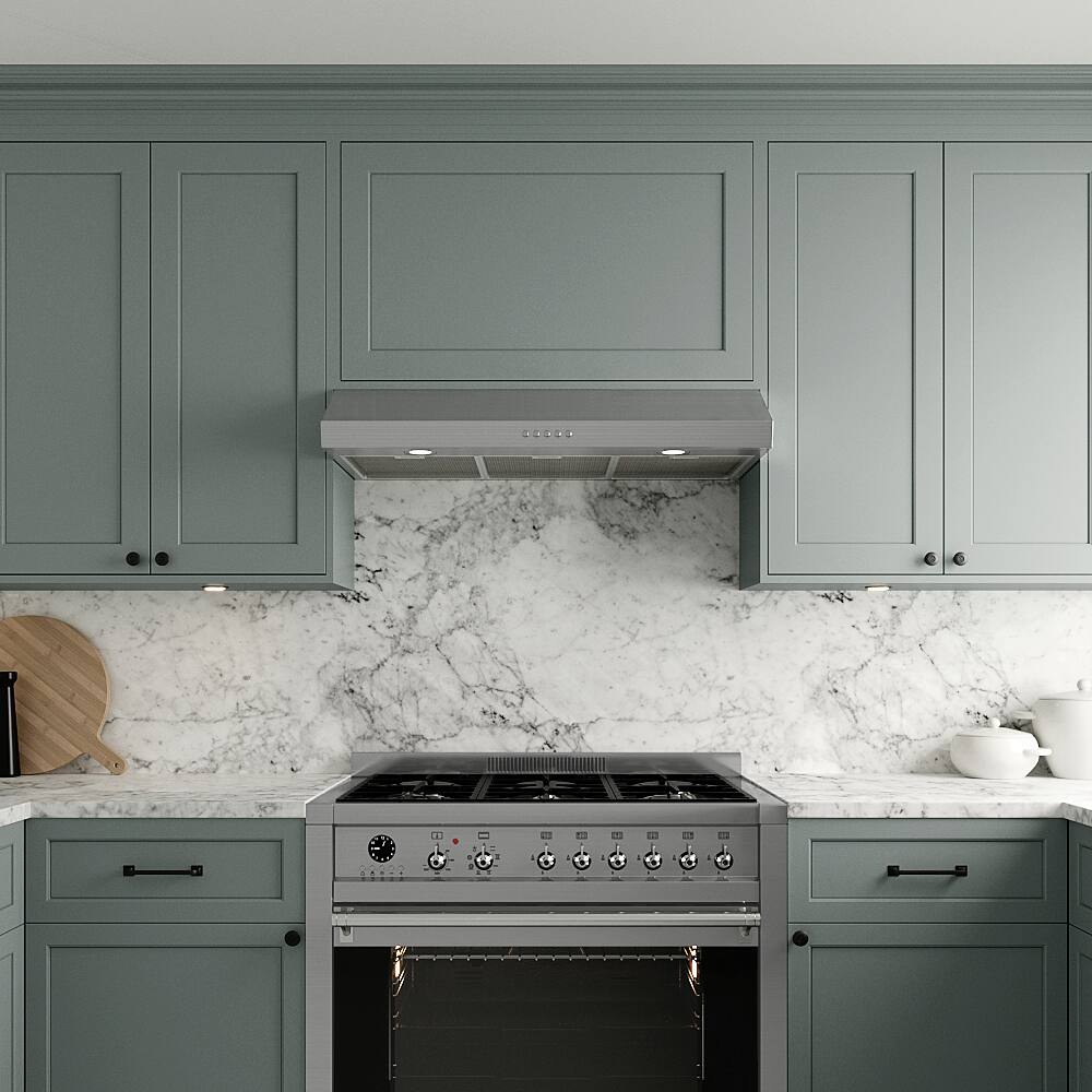 Left. Streamline - 36 in. Ormelle Convertible Undermount 165 CFM Range Hood, Mesh Filters, Push Button Control, LED Lights - Brushed Stainless Steel.