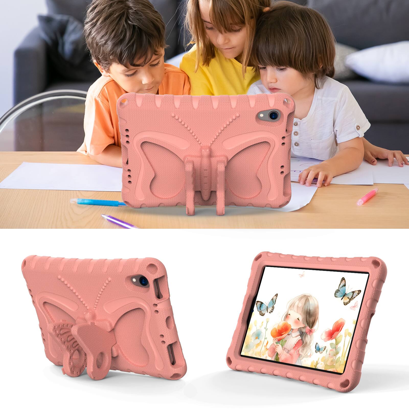 Alt View 2. Dteck - Kids Case for Apple iPad mini (A17 Pro) 2024 and 8.3-inch iPad mini 6th Gen 2021,Shockproof EVA Stand Cover with Strap - Lightpink.