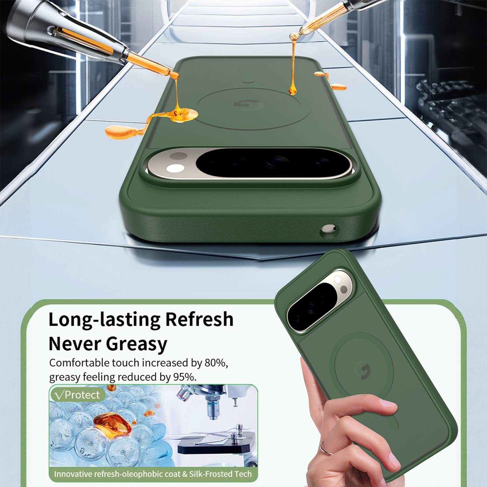 Long-lasting Refresh  
Never Greasy  
Comfortable touch increased by 80%, greasy feeling reduced by 95%.  
Protect  
Innovative refresh-oleophobic coat & Silk-Frosted Tech