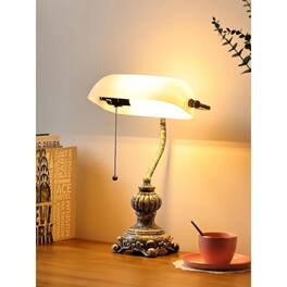 Luckbyte - Retro Style Glass Desk Lamp with Pull Chain Switch LED Bulb Included for Home Office - White