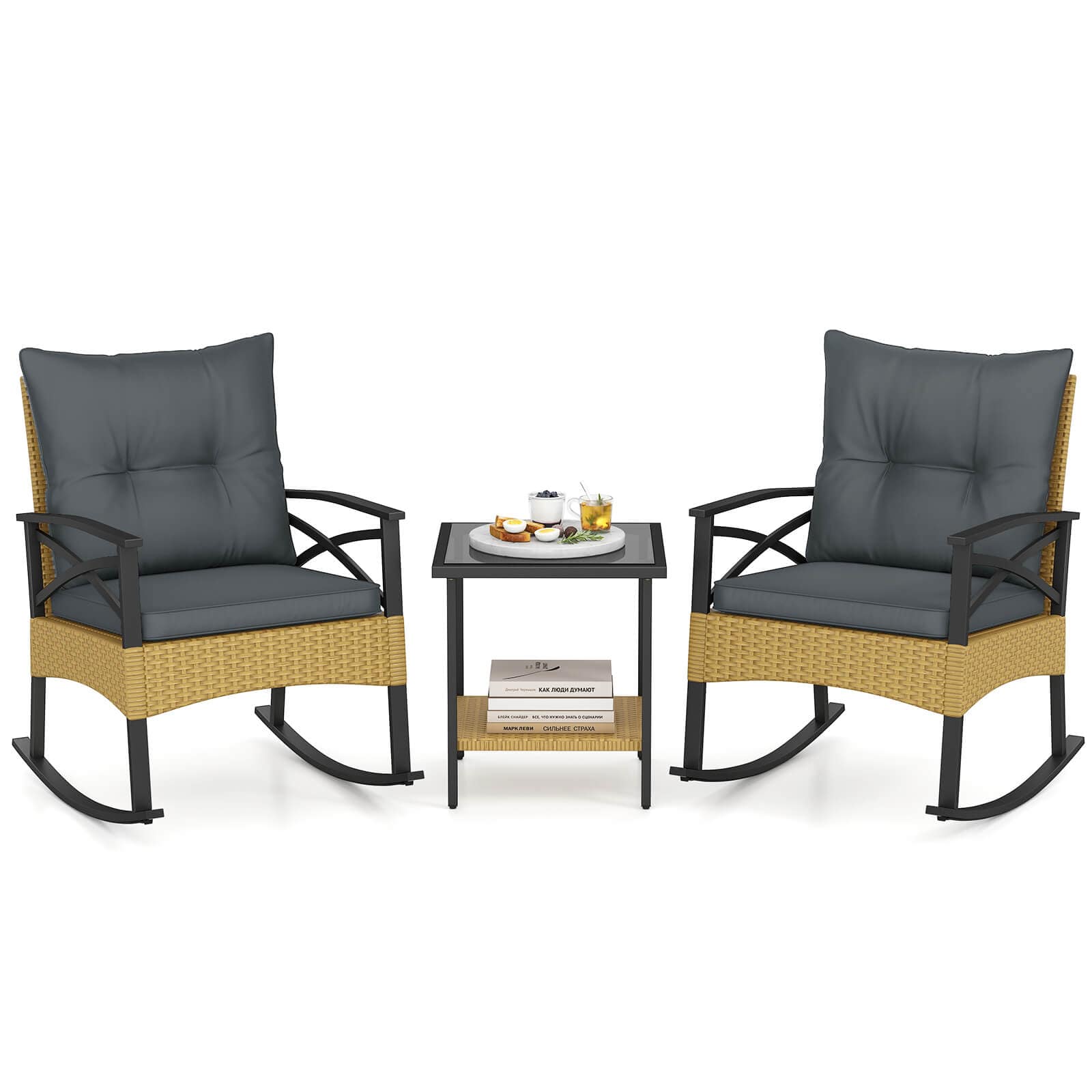 Costway - 3-Piece Rattan Rocking Bistro Set with Tempered Glass Tabletop & Cushions for Porch - Natural + Gray