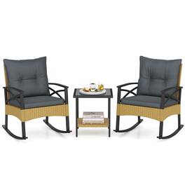 Costway - 3-Piece Rattan Rocking Bistro Set with Tempered Glass Tabletop & Cushions for Porch - Natural + Gray