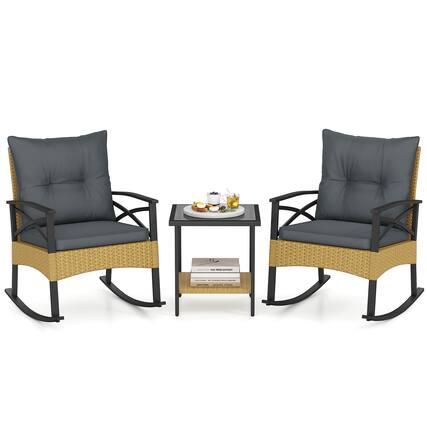 Front. Costway - Costway 3-Piece Rattan Rocking Bistro Set with Tempered Glass Tabletop & Cushions for Porch - Natural + Gray.