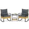 Costway - 3-Piece Rattan Rocking Bistro Set with Tempered Glass Tabletop & Cushions for Porch - Natural + Gray