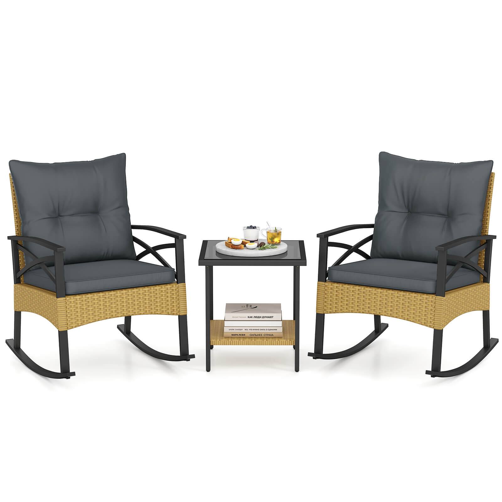 Front. Costway - Costway 3-Piece Rattan Rocking Bistro Set with Tempered Glass Tabletop & Cushions for Porch - Natural + Gray.