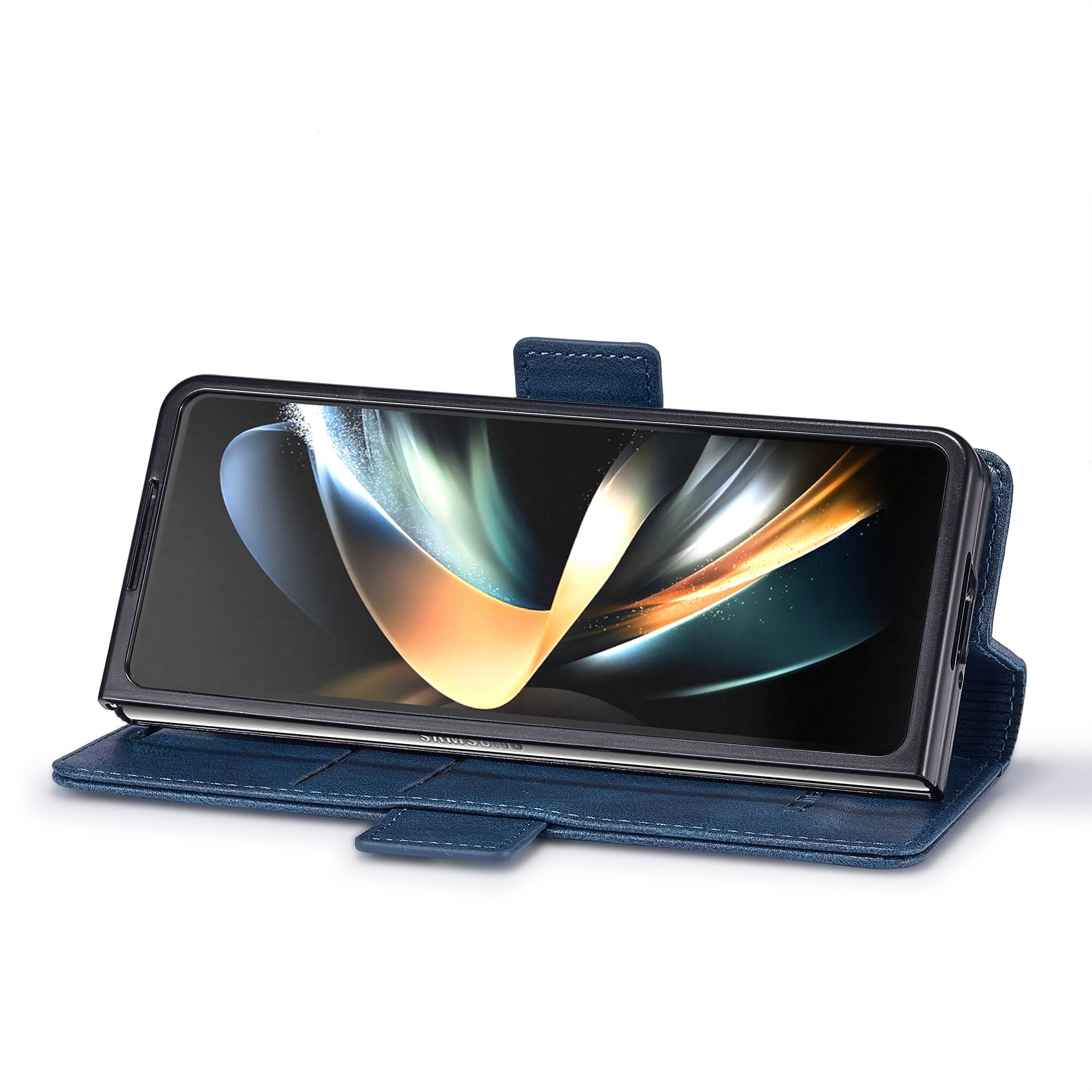 Back. Dteck - Wallet Case for Samsung Galaxy Z Fold 7, Magnetic PU Leather RFID Blocking Card Slots Kickstand Shockproof Cover - Blue.