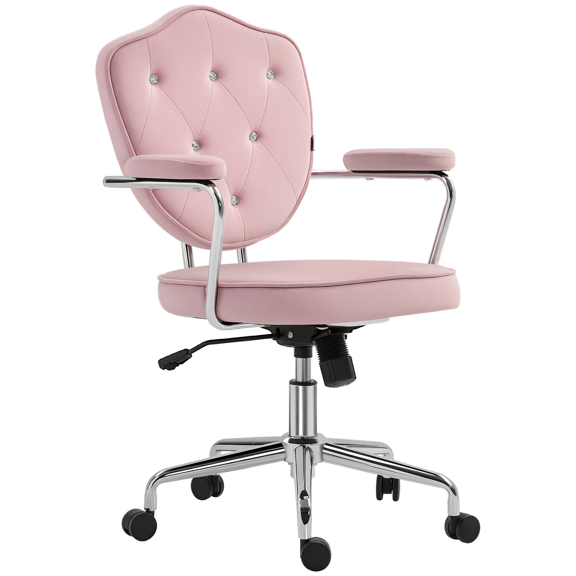 Front. Homcom - Button Tufted Velvet Desk Chair with Swivel Vanity Design - Pink.