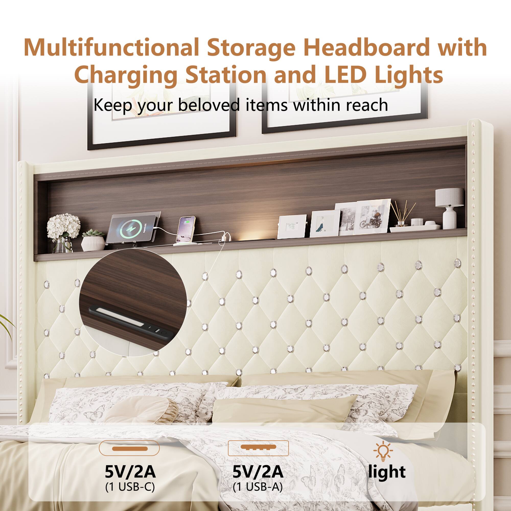 Multifunctional Storage Headboard with Charging Station and LED Lights  
Keep your beloved items within reach  

5V/2A (1 USB-C)  
5V/2A (1 USB-A)  
light