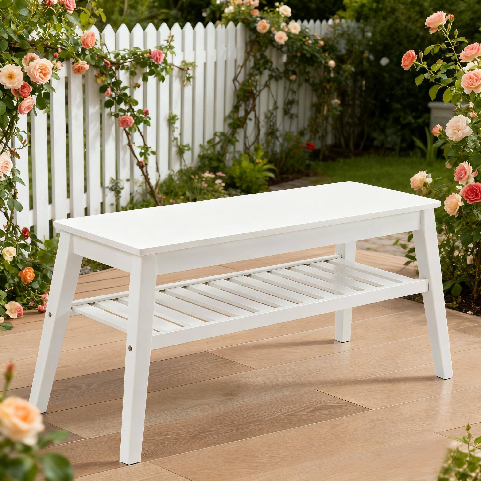 Front. Fabibe - Modern Bench Black Bamboo Entryway Bench, 33.46" Tier - White.