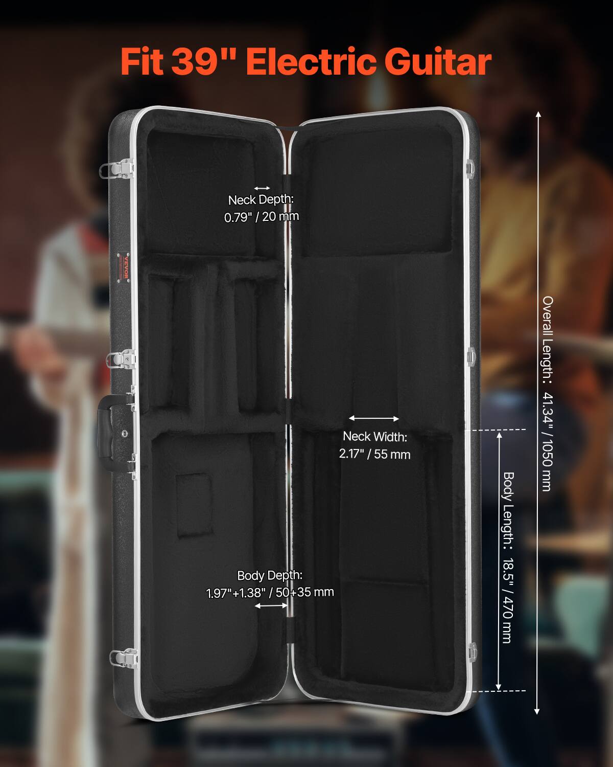 Fit 39" Electric Guitar

- Neck Depth: 0.79" / 20 mm
- Neck Width: 2.17" / 55 mm
- Body Depth: 1.97" + 1.38" / 50 + 35 mm
- Body Length: 18.5" / 470 mm
- Overall Length: 41.34" / 1050 mm