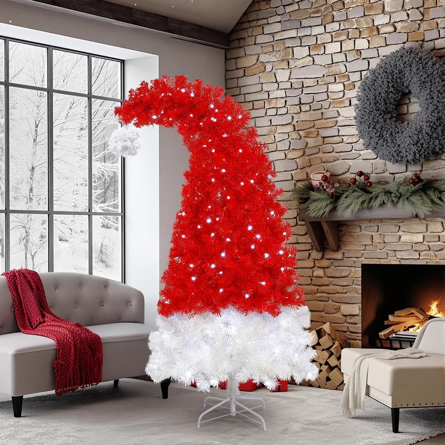 Pefilos - 6ft Artificial Christmas Tree with LED Lights & 1050 Tips, Curved Xmas Tree with Santa Hat Shape for Festive Holiday - Red