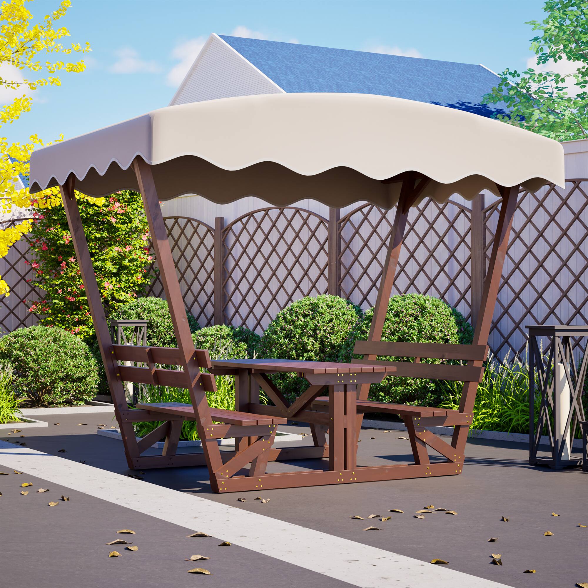 Angle. Mondawe - Outdoor waterproof solid wood picnic table and bench set with removable canopy - Brown.