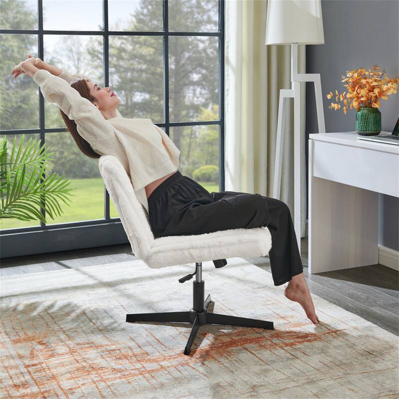 Back. HTUTWOO - Adjustable Swivel Criss Cross Chair - Wide Seat Office Vanity Chair, 360° Swivel, Height Adjustable, Tilting Function - Cream White.
