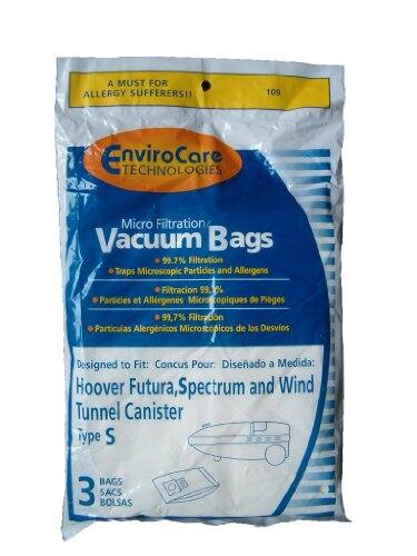 A MUST FOR ALLERGY SUFFERERS!!  
109 EnviroCare Technologies Micro Filtration Vacuum Bags  
99.7% Filtration Traps Microscopic Particles and Allergens  
Filtración 99.1% Partículas y Alergénicos Microscópicos de Polen  
99.7% Filtración Partículas Alergénicos Microscópicos de los Desvios  

Designed to Fit: Hoover Futura, Spectrum and Wind Tunnel Canister Type S  
Conçu Pour: Hoover Futura, Spectrum and Wind Tunnel Canister Type S  
Diseñado a Medida: Hoover Futura, Spectrum and Wind Tunnel Canister Type S  

3 BAGS  
3 SACOS  
3 BOLSAS