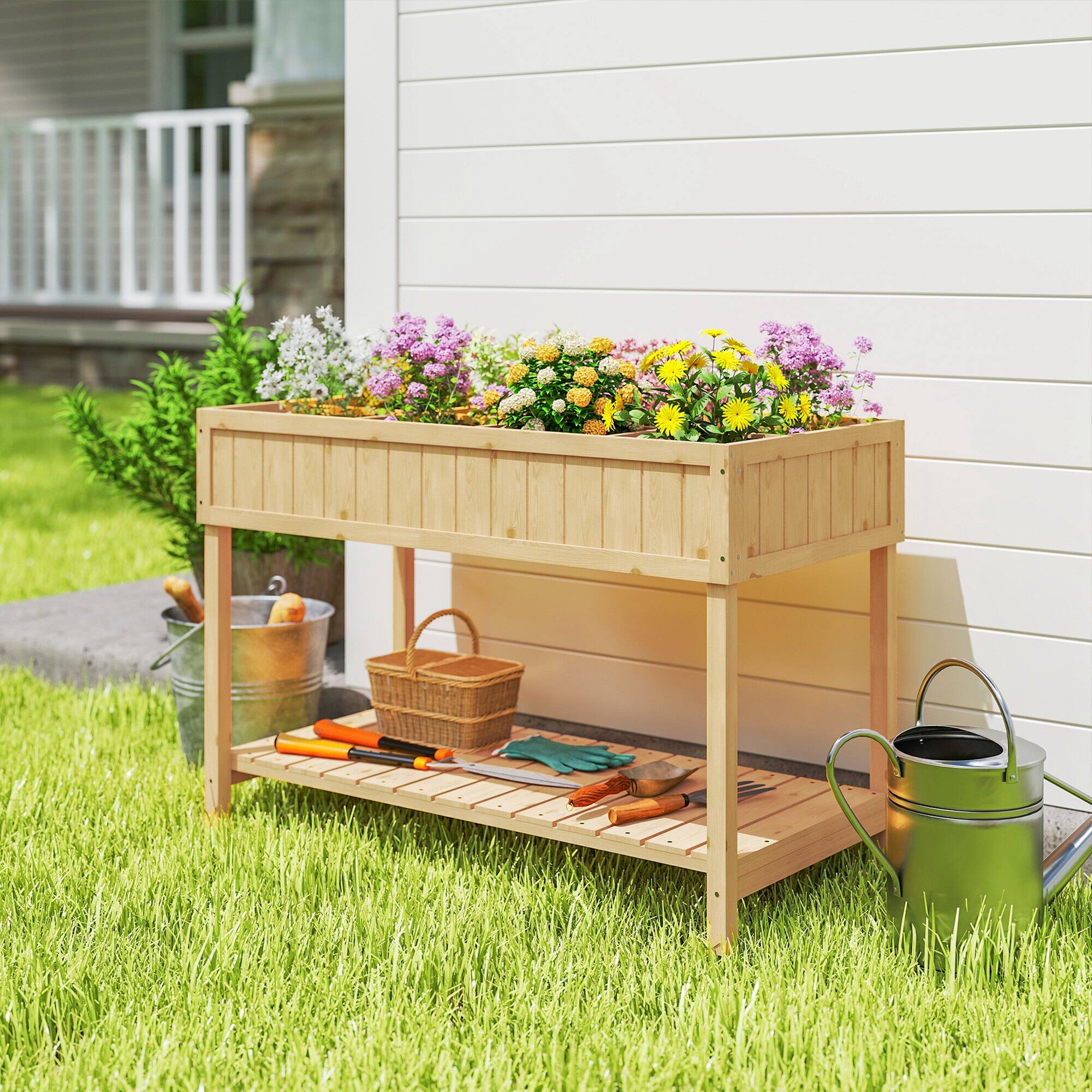 Alt View 1. Outsunny - 43x18x30in Raised Garden Bed with 8 Pockets and Shelf, Wooden Elevated Planter Box with Legs to Grow Herbs - Natural Wood.