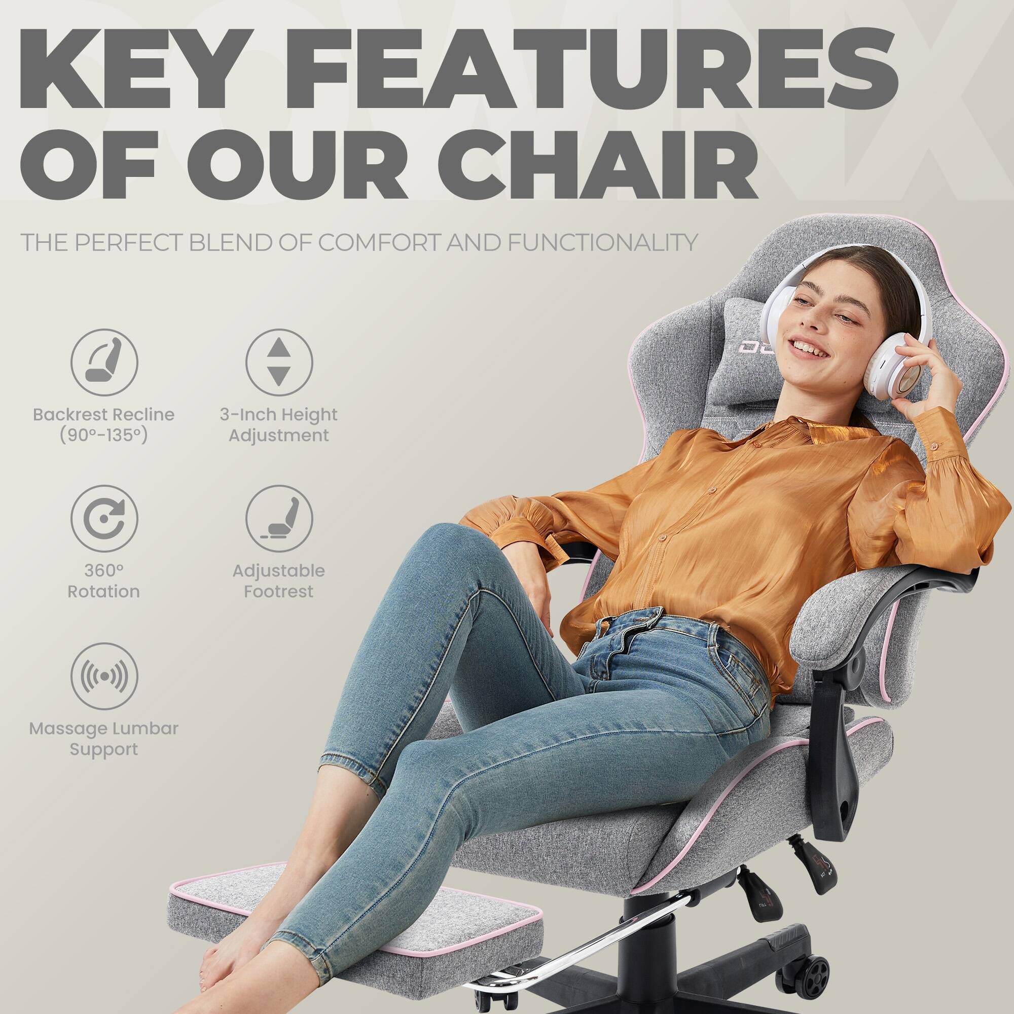 KEY FEATURES OF OUR CHAIR

THE PERFECT BLEND OF COMFORT AND FUNCTIONALITY

- Backrest Recline (90°-135°)
- 3-Inch Height Adjustment
- 360° Rotation
- Adjustable Footrest
- Massage Lumbar Support