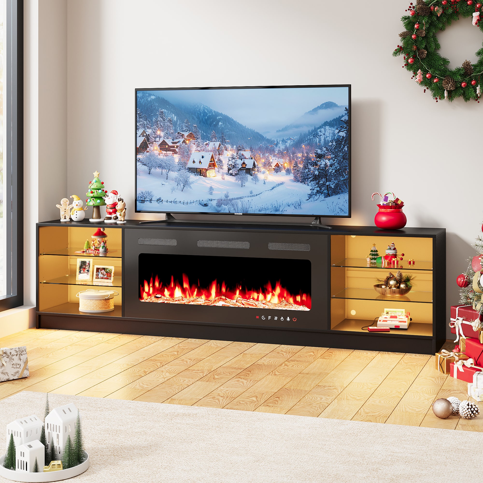 Front. U-HOMY - 79" Fireplace TV Stand with 40" Electric Fireplace Insert, Entertainment Center with Glass Shelves & LED Lights - Black.