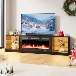 U-HOMY - 79" Fireplace TV Stand with 40" Electric Fireplace Insert, Entertainment Center with Glass Shelves & LED Lights - Black