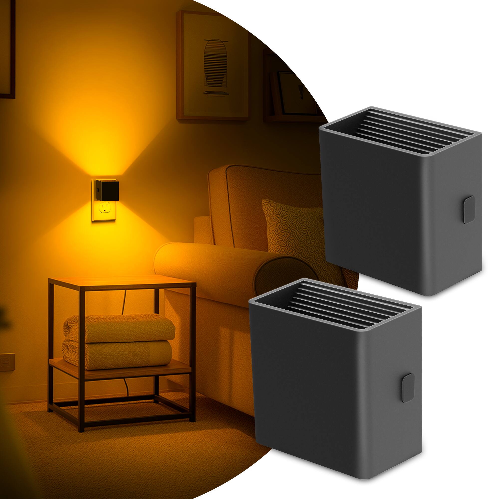 Angle. Jandcase - JANDCASE 2-Pack 1W  Plug-in Night Light, Amber Glow, Up/Down Light, 3-Step Dimming, Color Memory, Dusk-to-Dawn - Black.