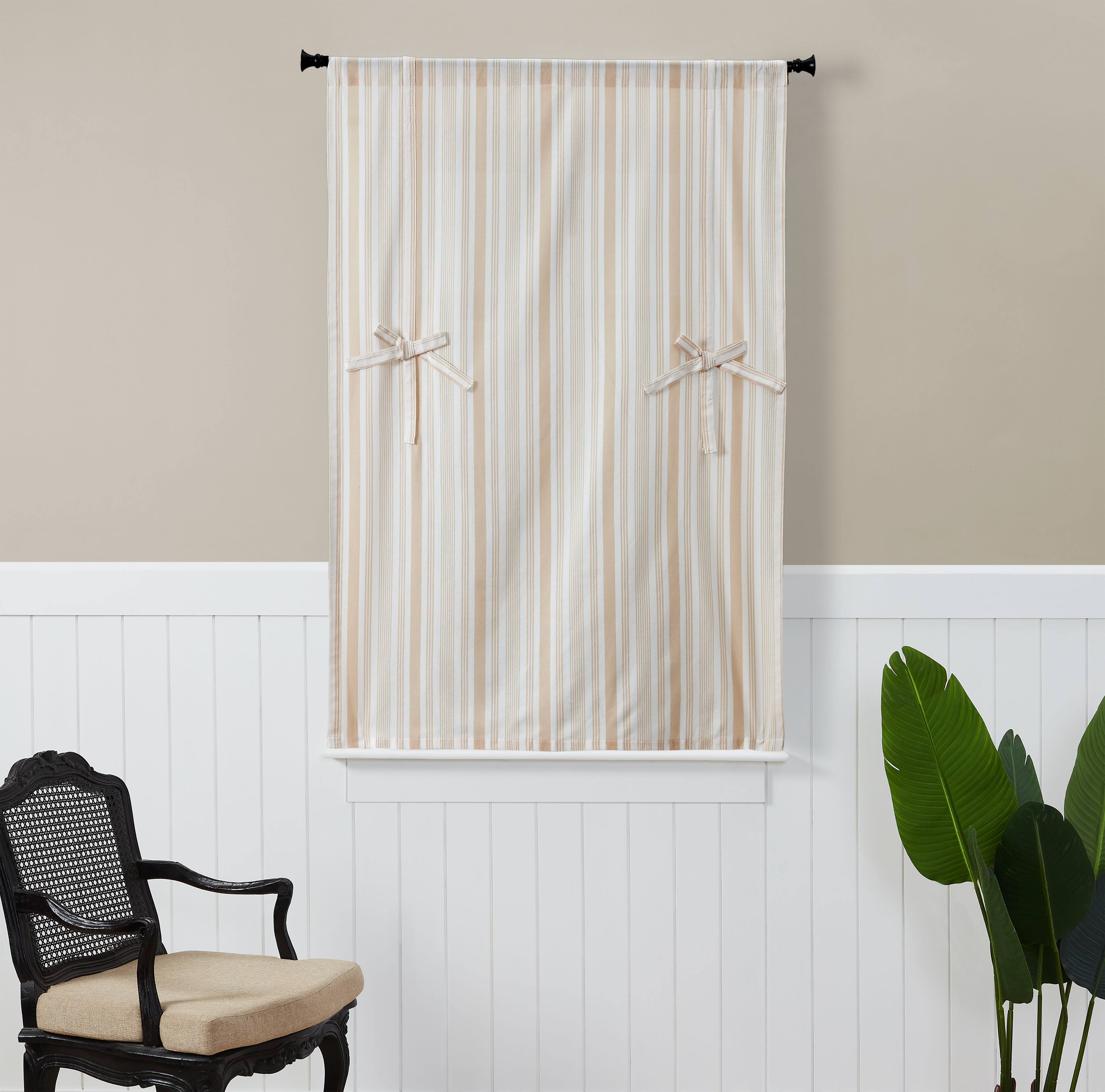 Angle. Kate Aurora - Kate Aurora Country Farmhouse Cotton Striped Tie Up Window Curtain - 63 in. Long - Taupe - Beige.