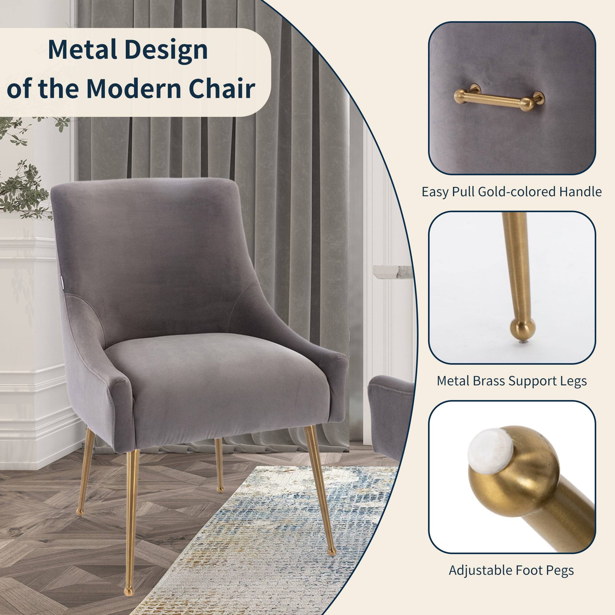 Metal Design of the Modern Chair

- Easy Pull Gold-colored Handle
- Metal Brass Support Legs
- Adjustable Foot Pegs