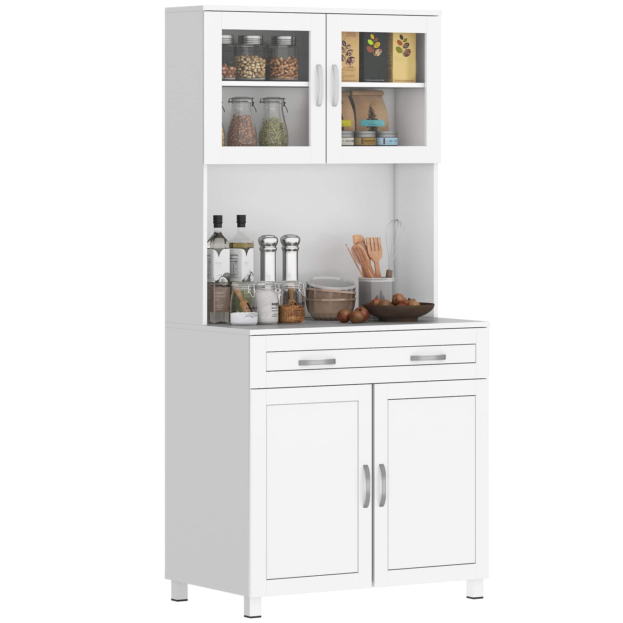 Homcom - 67" Buffet with Hutch, Modern Kitchen Pantry, Freestanding Cabinet with Glass Doors - White