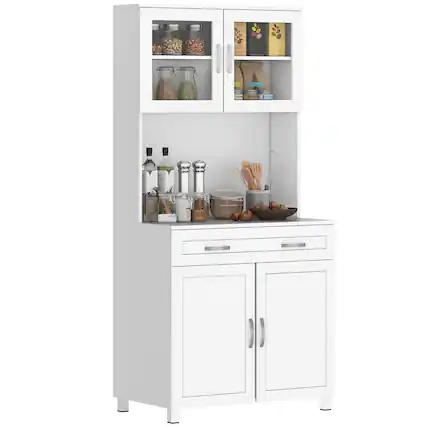 Front. Homcom - 67" Buffet with Hutch, Modern Kitchen Pantry, Freestanding Cabinet with Glass Doors - White.
