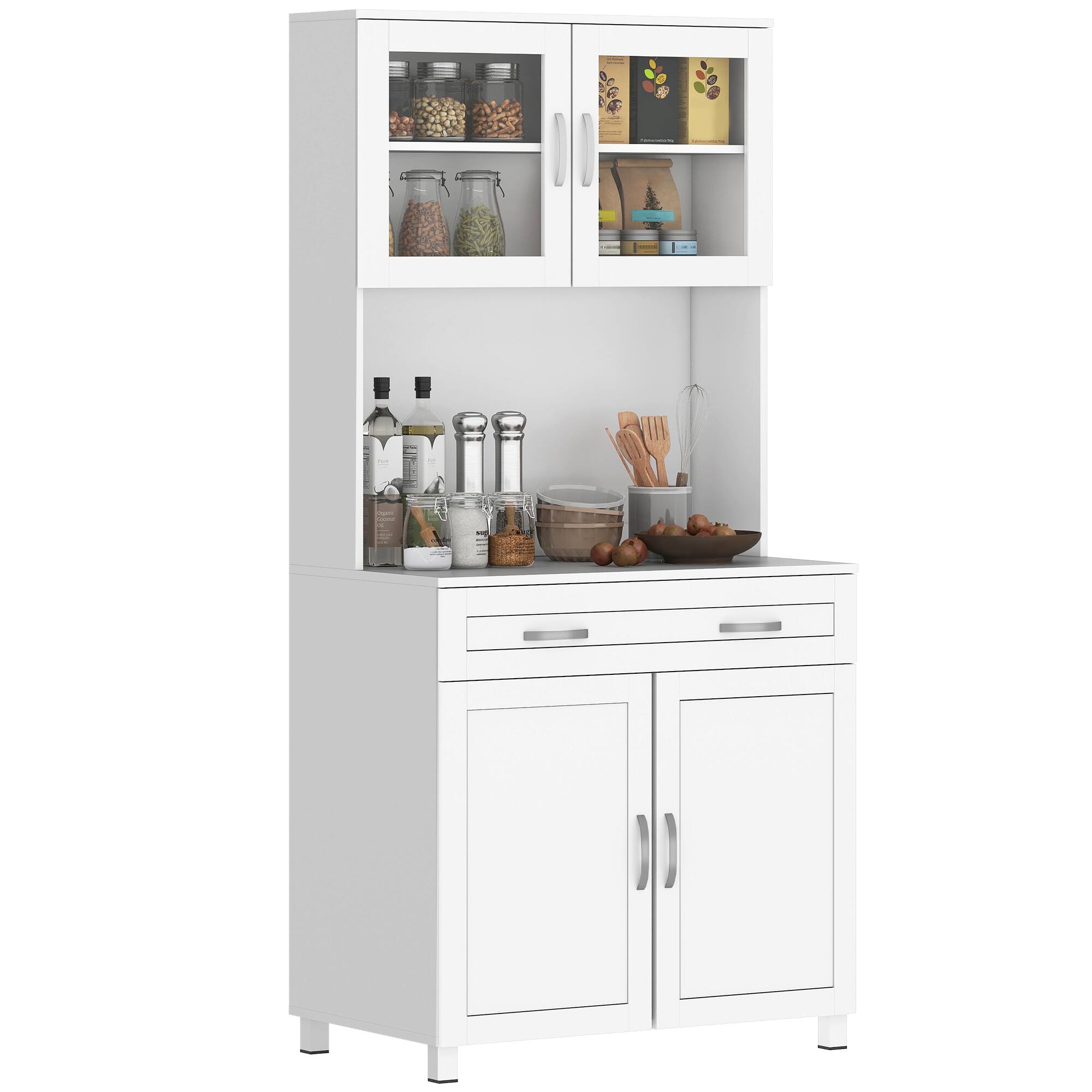 Homcom - 67" Buffet with Hutch, Modern Kitchen Pantry, Freestanding Cabinet with Glass Doors - White