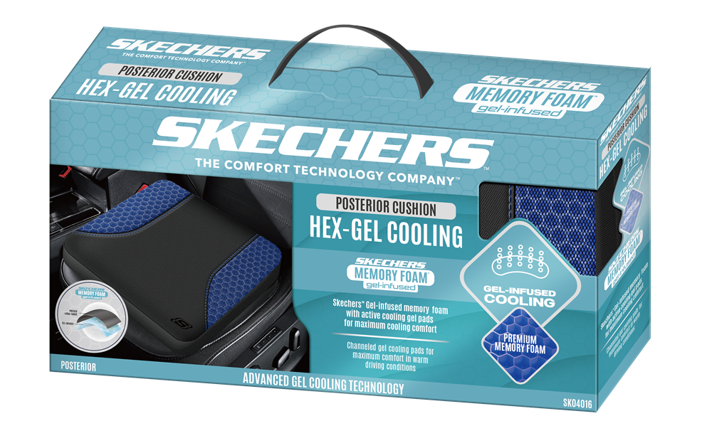 SKECHERS  
THE COMFORT TECHNOLOGY COMPANY  

POSTERIOR CUSHION  
HEX-GEL COOLING  

SKECHERS  
MEMORY FOAM  
gel-infused  

Skechers® gel-infused memory foam with active cooling gel pads for maximum cooling comfort  

Channeled gel cooling pads for maximum comfort in warm driving conditions  

ADVANCED GEL COOLING TECHNOLOGY  

PREMIUM MEMORY FOAM  

SK04016