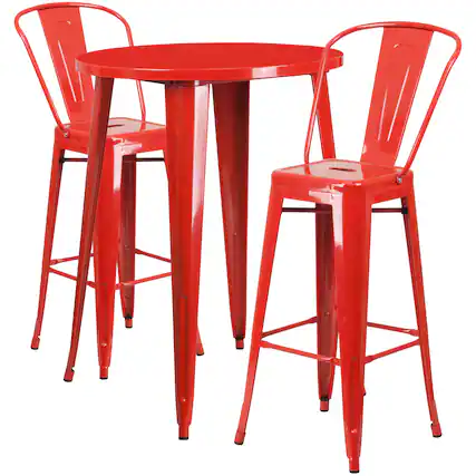 Front. Emma + Oliver - Commercial Grade 30" Round Metal Indoor-Outdoor Bar Table Set with 2 Cafe Stools - Red.