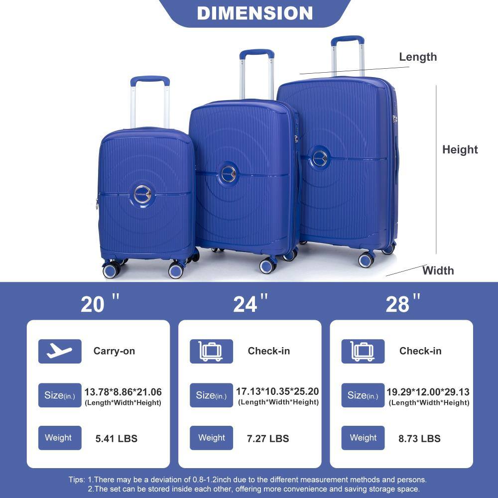 **DIMENSION**

- **20" Carry-on**
  - Size (in.): 13.78" x 8.86" x 21.06" (Length x Width x Height)
  - Weight: 5.41 LBS

- **24" Check-in**
  - Size (in.): 17.13" x 10.35" x 25.20" (Length x Width x Height)
  - Weight: 7.27 LBS

- **28" Check-in**
  - Size (in.): 19.29" x 12.00" x 29.13" (Length x Width x Height)
  - Weight: 8.73 LBS

**Tips:**
1. There may be a deviation of 0.8-1.2 inch due to different measurement methods and persons.
2. The set can be stored inside each other, offering more convenience and saving storage space.