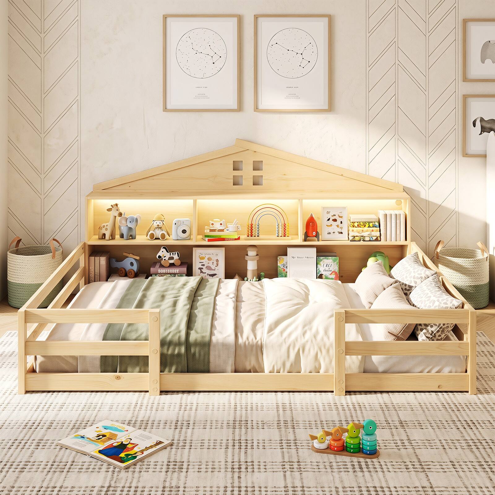 Alt View 3. Costway - Costway Full Size Montessori Floor Bed with LED Lights Safety Guardrails Compartments Shelf - Natural.