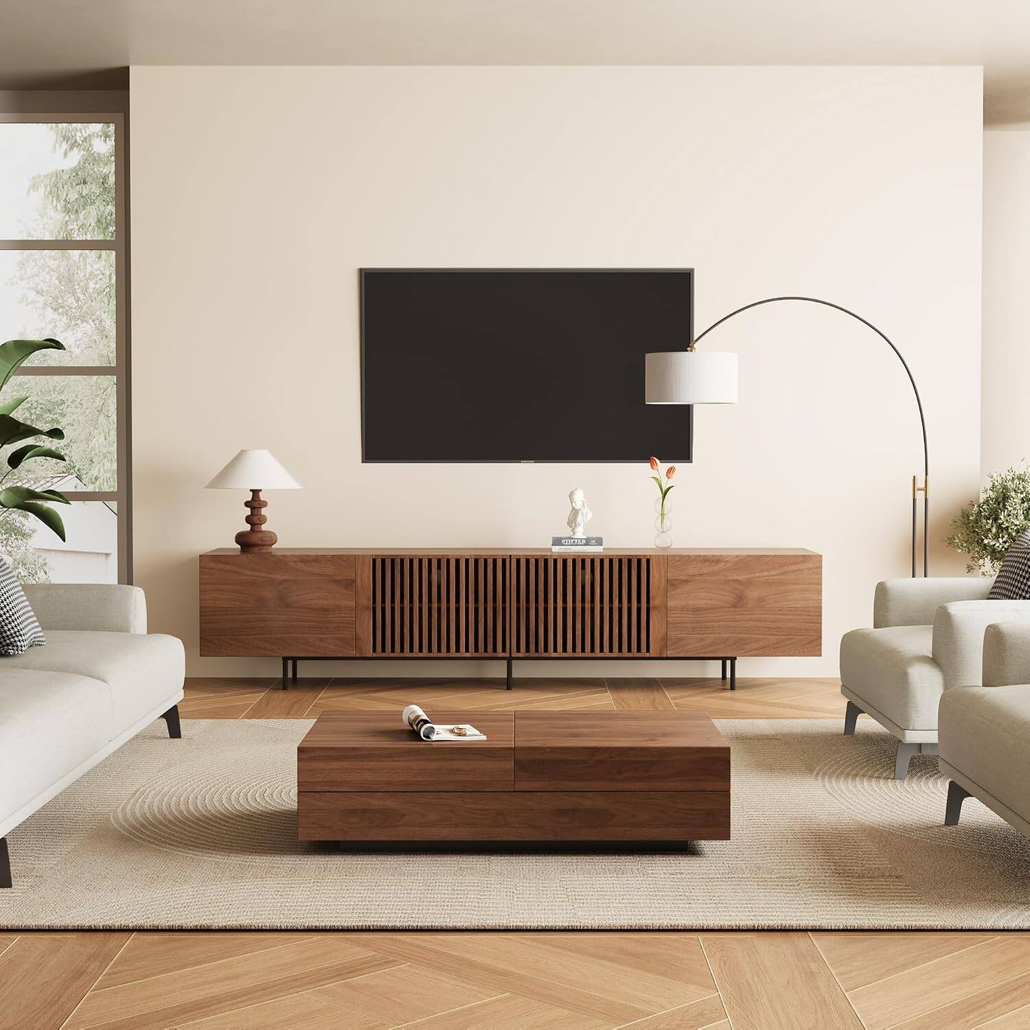 Alt View 5. luck idea - Mid-Century Modern TV Stands 94.48"  Consoles,up to100'' Media Centerw/ Cabinets & wood Doors&Metal Frame,Walnut-colored - brown.