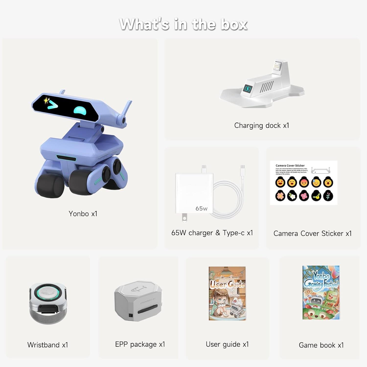 What's in the box:

- Charging dock x1
- Yonbo x1
- 65W charger & Type-c x1
- Camera Cover Sticker x1
- Wristband x1
- EPP package x1
- User guide x1
- Game book x1