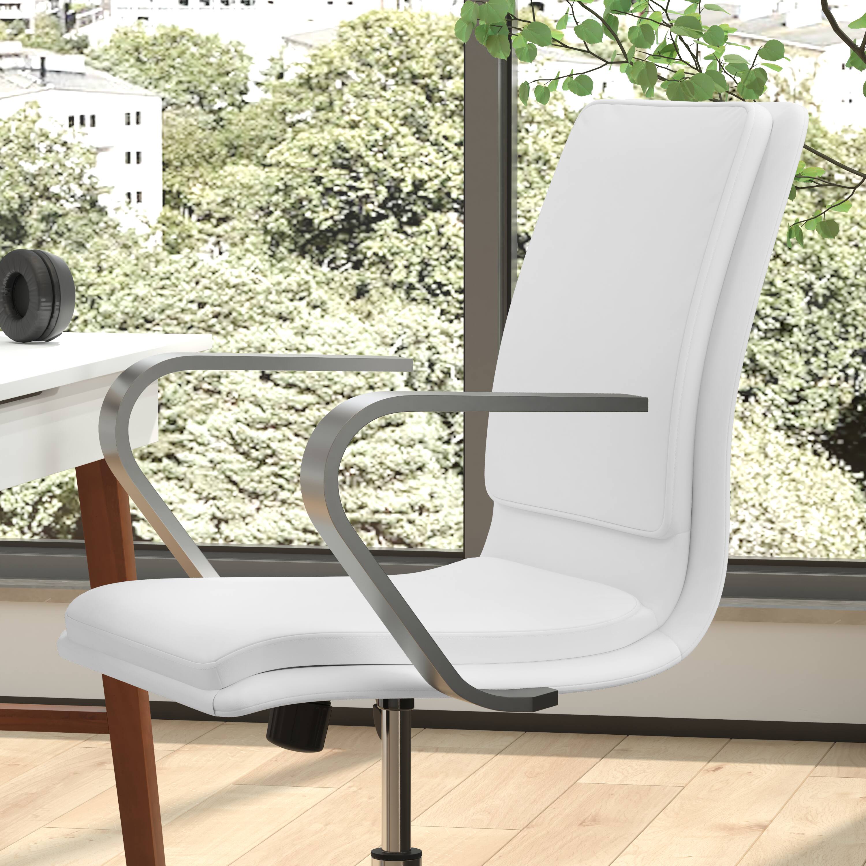 Alt View 4. Emma + Oliver - Ziva Modern Upholstered Mid-Back Home Office Chair with Arms and 5 Star Base - White LeatherSoft/Chrome Frame.
