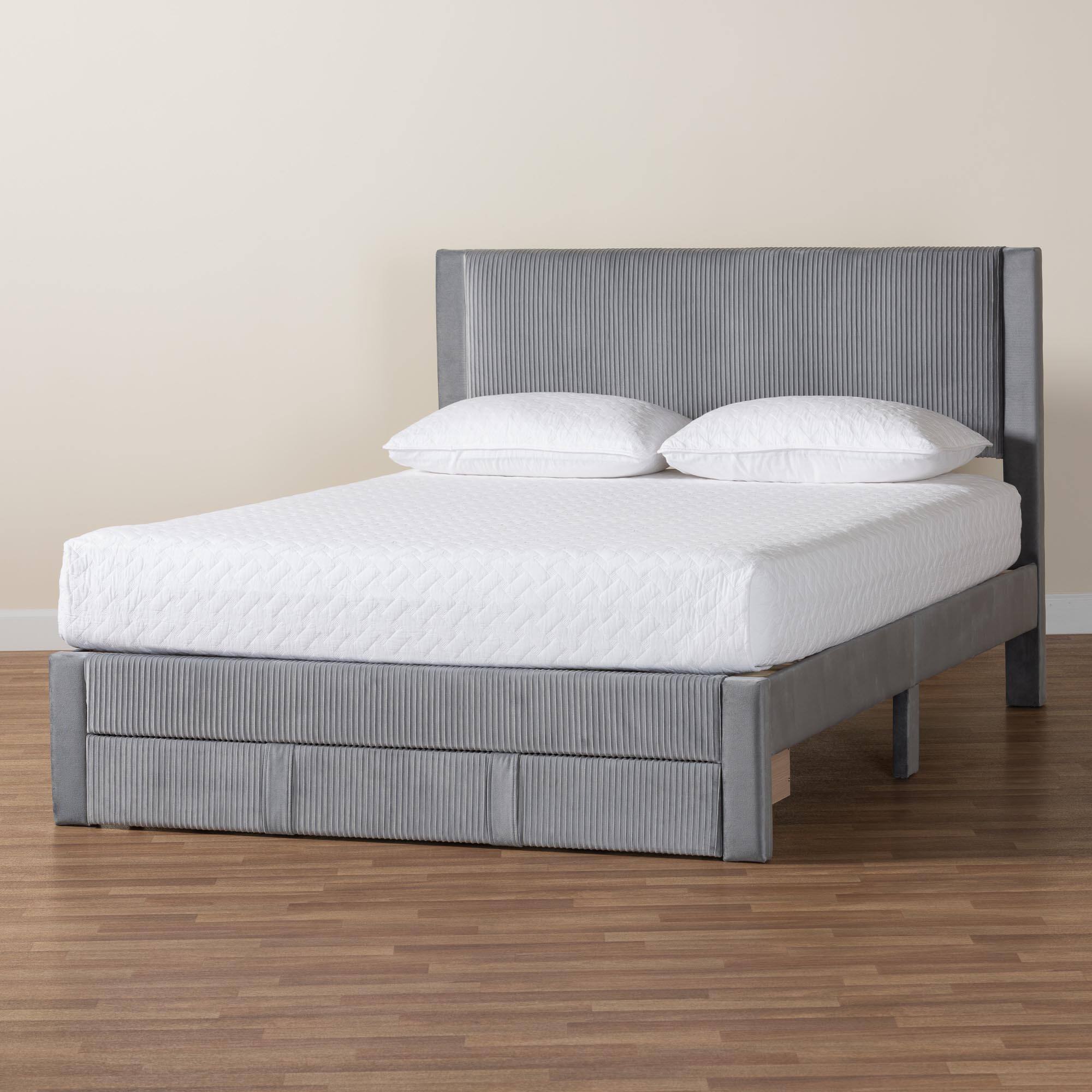 Alt View 7. Baxton Studio - Elora Modern Pleated Velvet Queen Size Storage Bed - Grey.