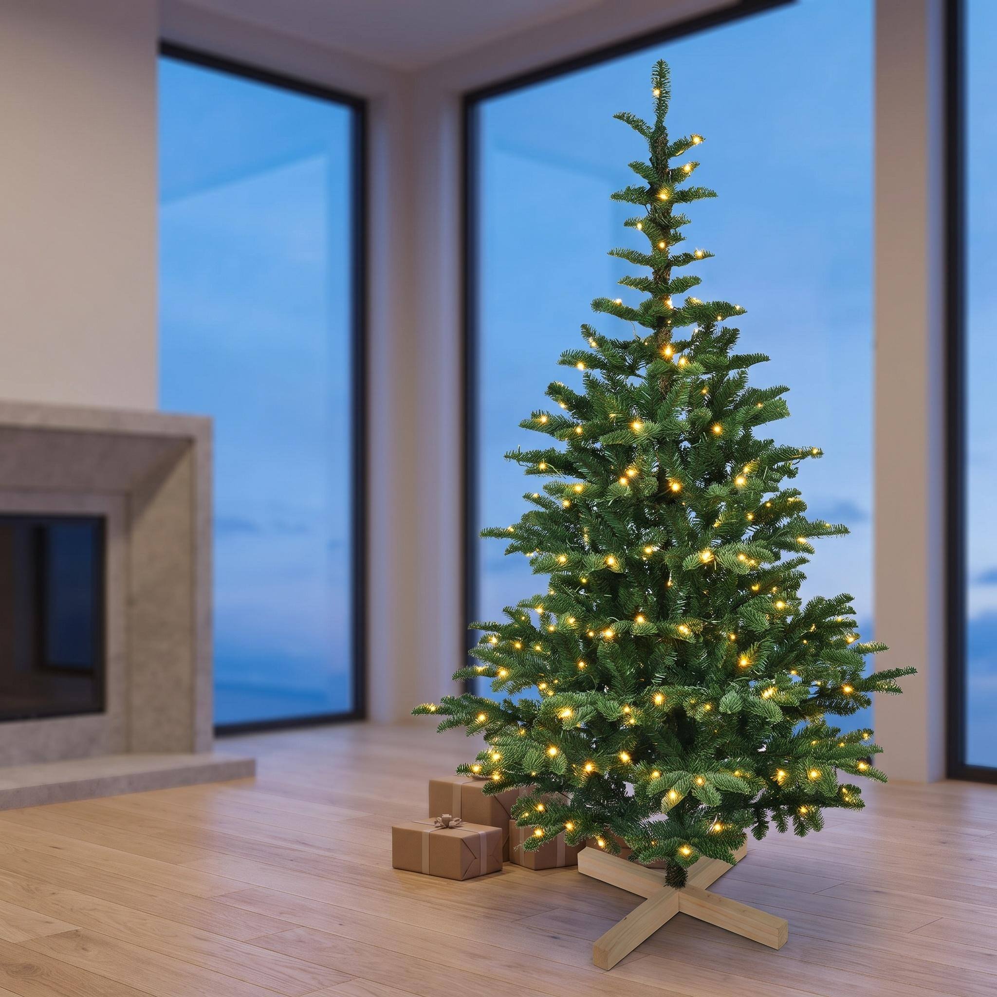 Angle. Forest'nSky - 7 ft. Pre-Lit Artificial Christmas Tree with 400 Warm White LED Lights, 941 PE+PVC Tips, Wooden Base - Green.